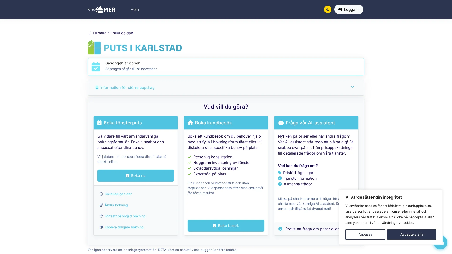 Skärmdump av projektet PMSystem (putsamer instans) - PMSystem är ett Laravel-baserat boknings- och personalhanteringssystem för servicebaserade företag. Detta är en del av SaaS-tjänsten Putsamer, och detta är min instans för min verksamhet.