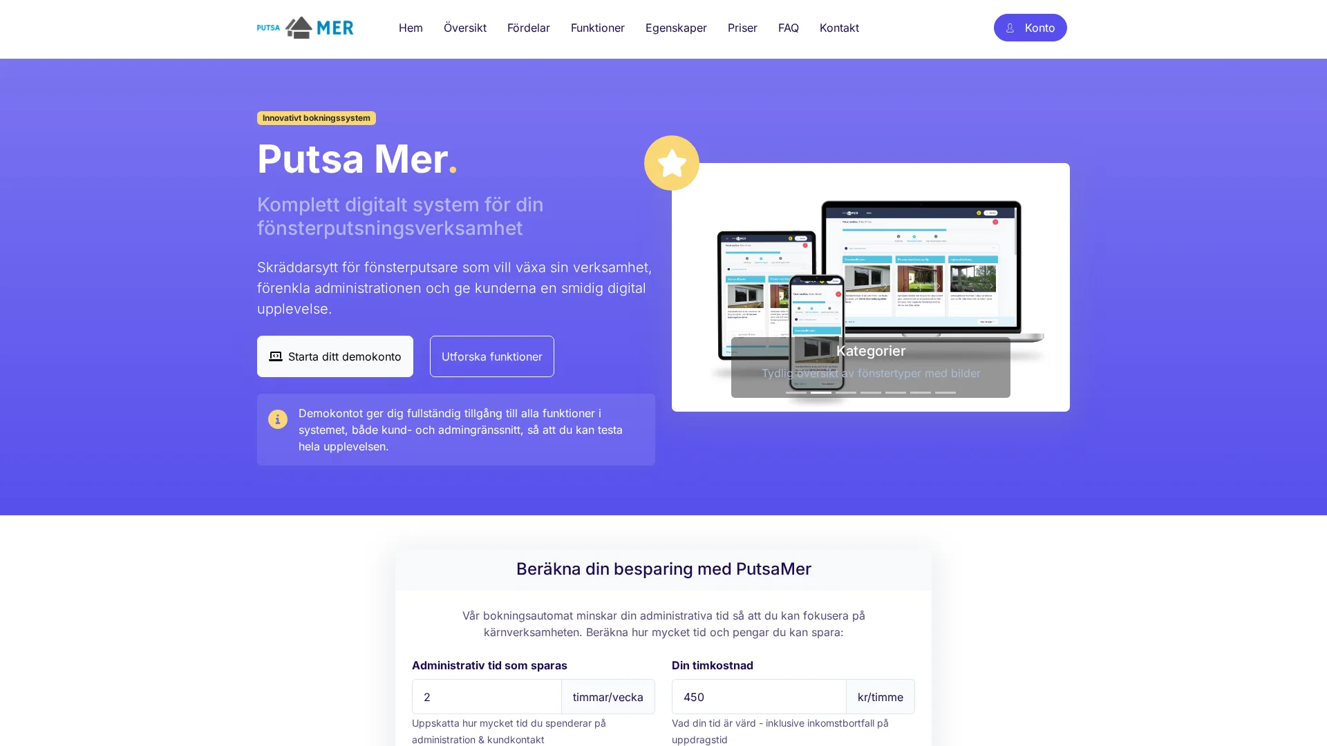 Skärmdump av projektet Putsamer - Putsamer är en multi-tenant SaaS-plattform för bokningshantering och kundadministration.
